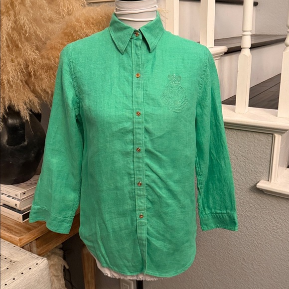 Lauren Ralph Lauren Tops - Lauren Ralph Lauren Green 100% Linen Button Down Shirt 3/4 Sleeve Size Small